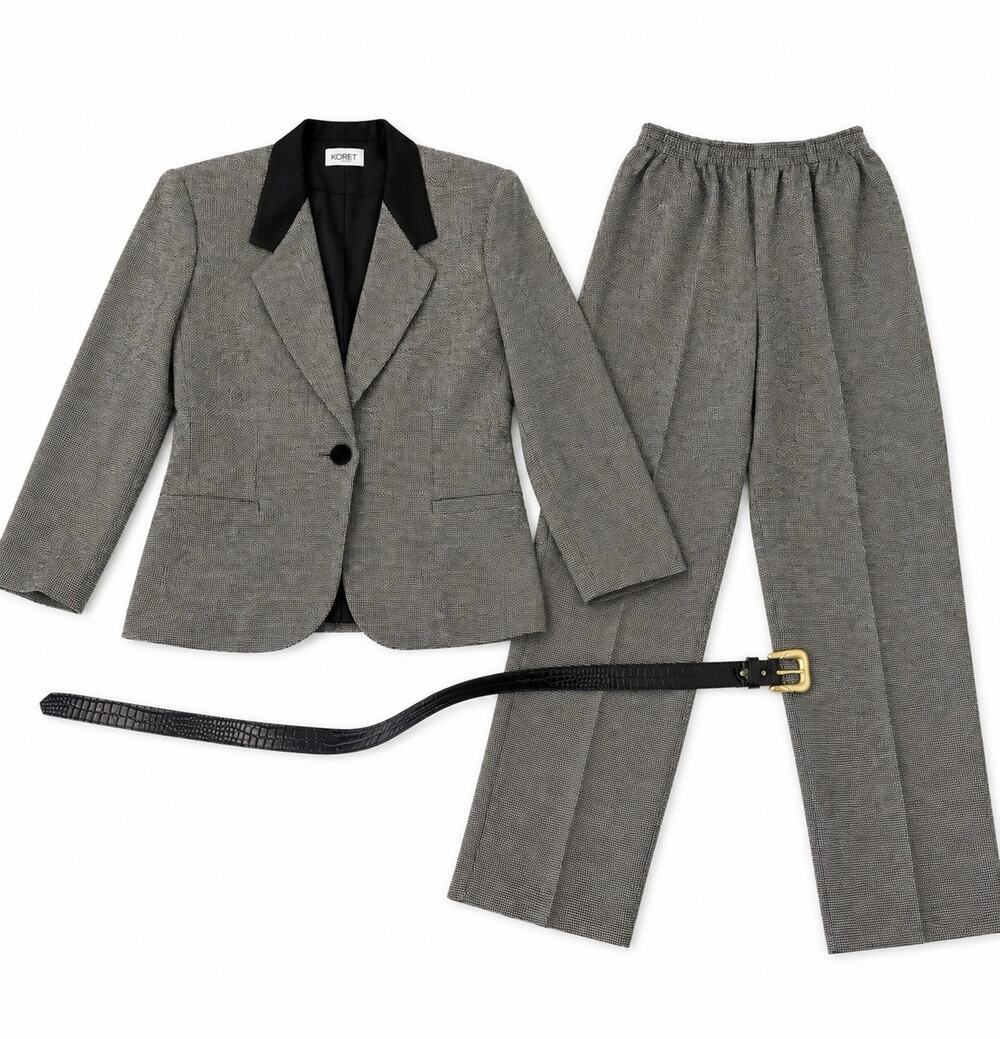 Koret Women’s 2 Piece Pant Suit Small Black White Blazer Pants Belt Vintage